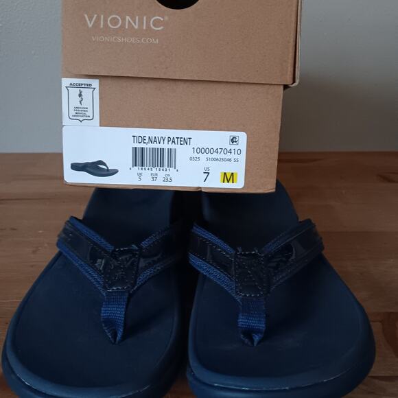 Vionic Tide Toe Post Women's Orthotic Sandals, Patent Leather Navy, Size US 7M - Picture 8 of 10